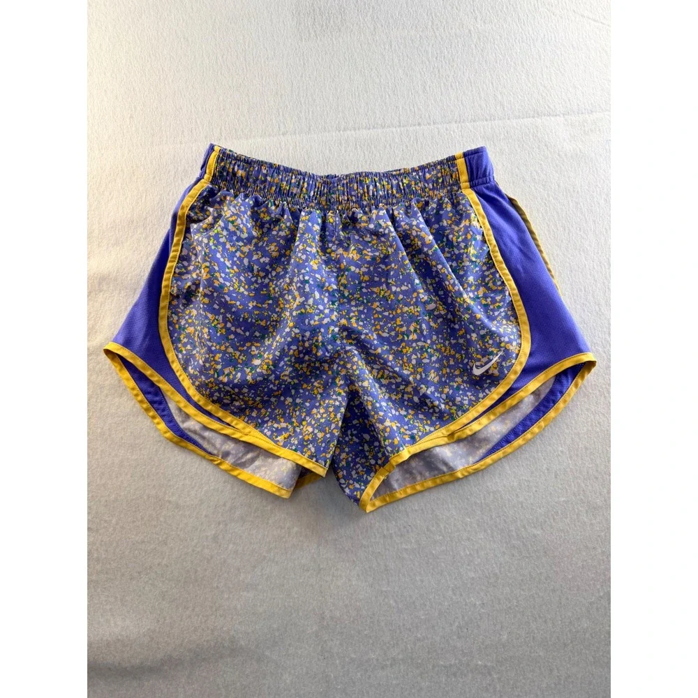 Nike Dri-FIT Tempo Running Shorts Purple Yellow Splatter Print Womens Small